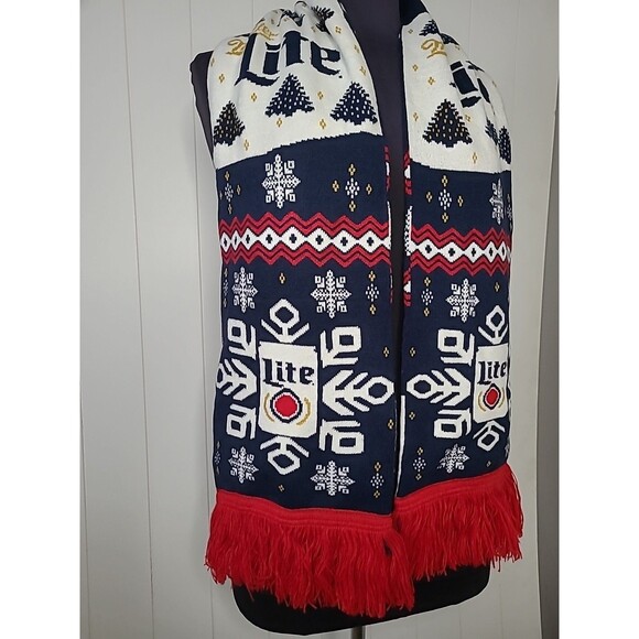 Miller Lite Beer Knit Holiday Scarf Ugly Christmas Sweater Theme w/ Reindeer - Picture 2 of 11